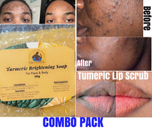 Load image into Gallery viewer, Turmeric Lip Scrub, Tea Tree Facial Cream &amp; Turmeric Brightening Soap Combo Pack
